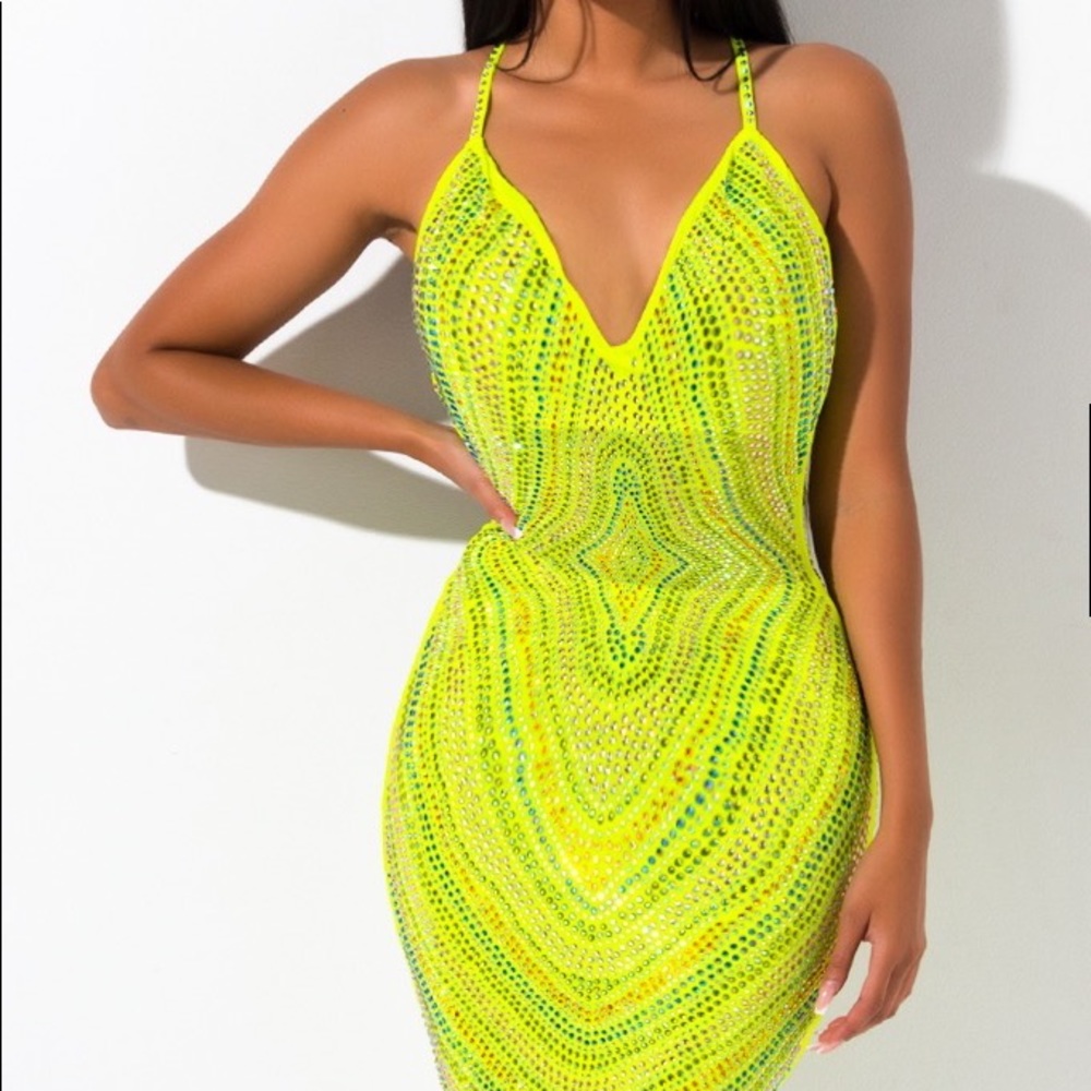 Sexy NWOT rhinestone lime greet spaghetti strap dress.
